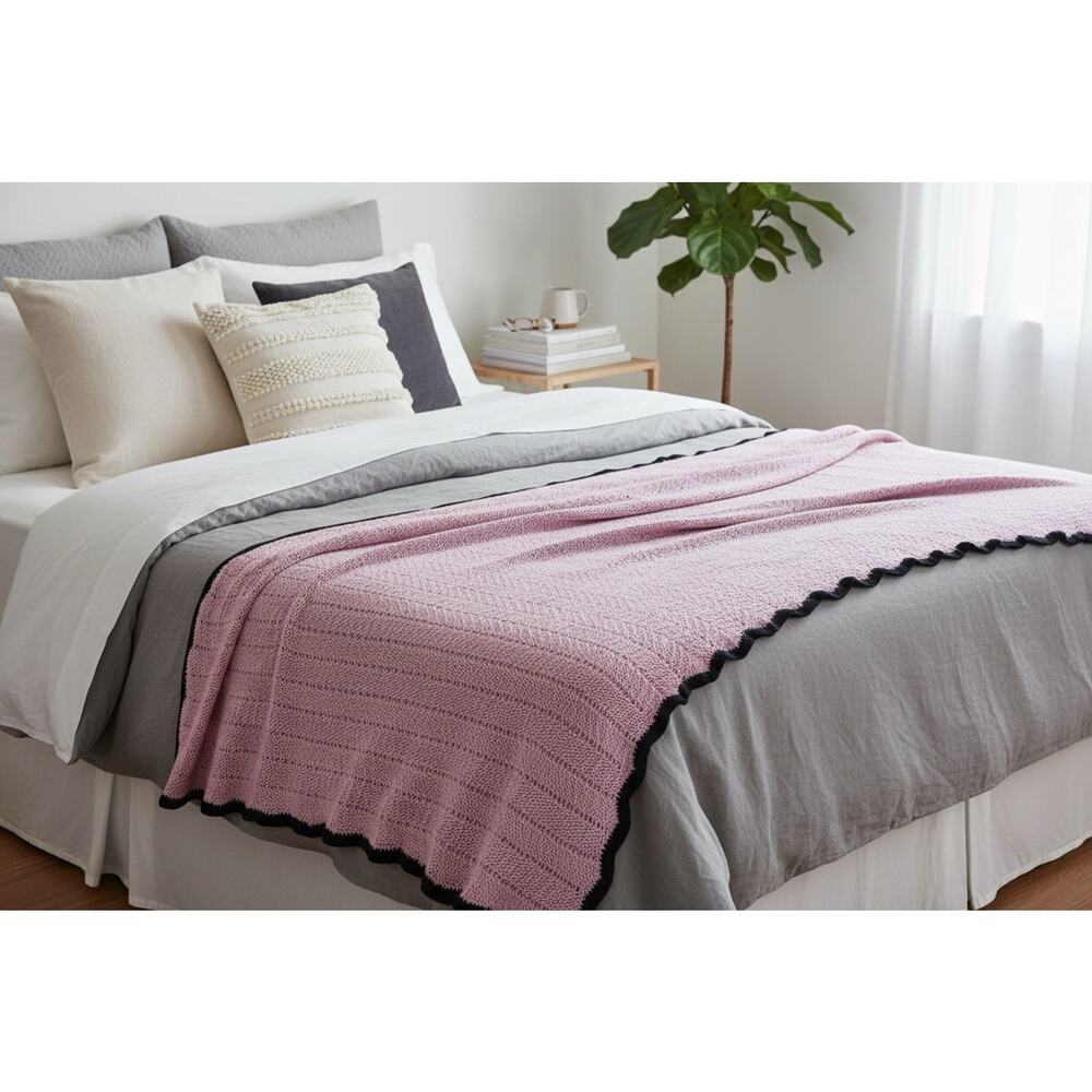 Handmade Pink with Black Edge Trim Crochet Afghan Blanket 70" x 70"